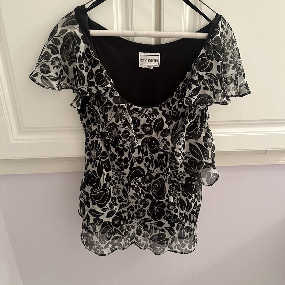 Karian Stevens Ruffled Cheetah Print Short Sleeve Black Size M - Trendy & Stylis